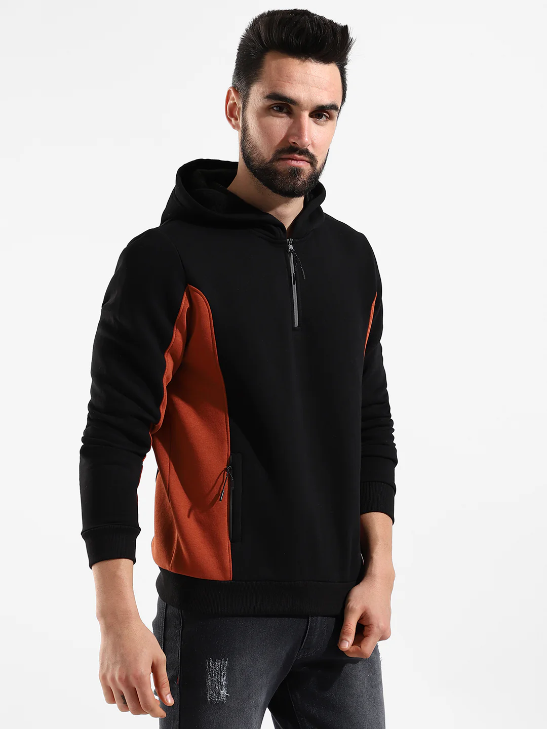 Cotton Black Colour-Blocked Hoodie Sweatshirt Regular Fit For Casual Wear - Image 3