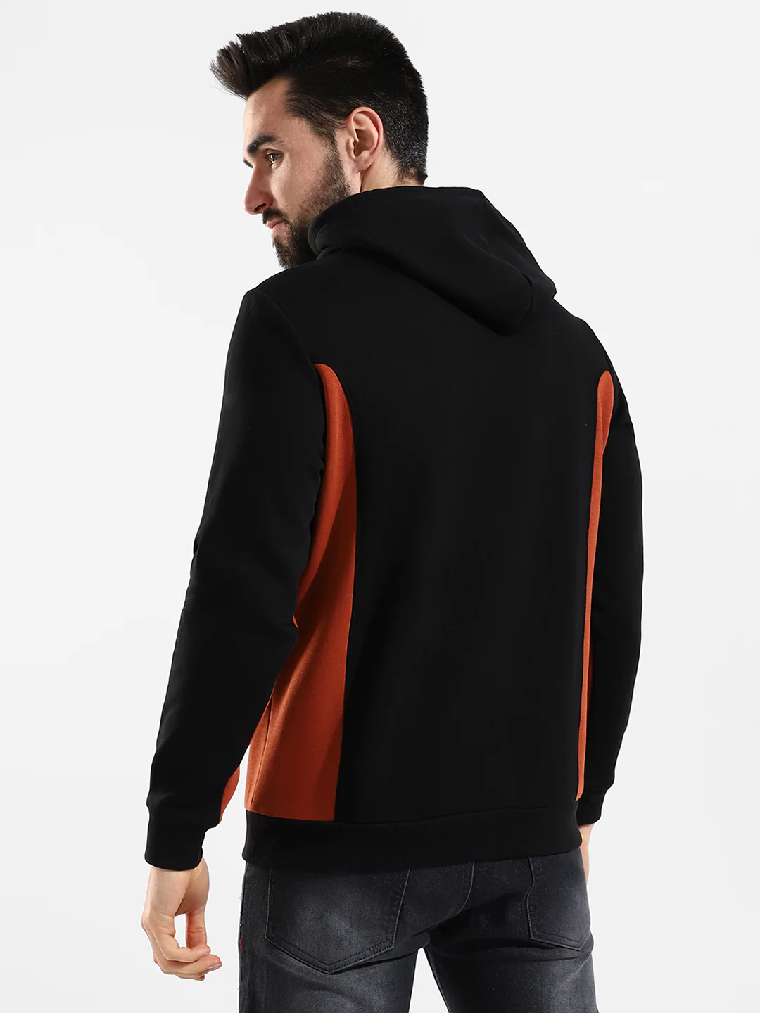 Cotton Black Colour-Blocked Hoodie Sweatshirt Regular Fit For Casual Wear - Image 4