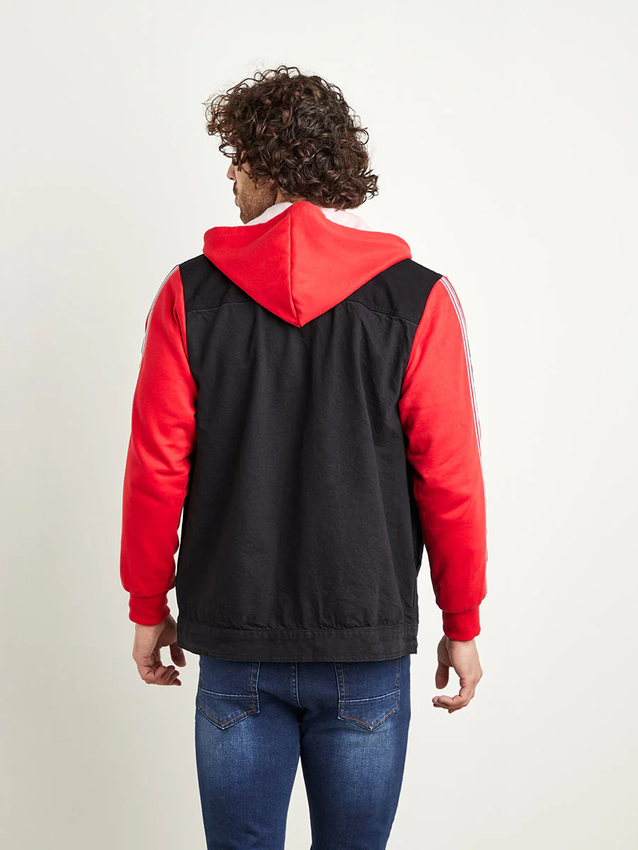 Dark-Wash Denim Jacket With Sweatshirt Sleeve - Image 3
