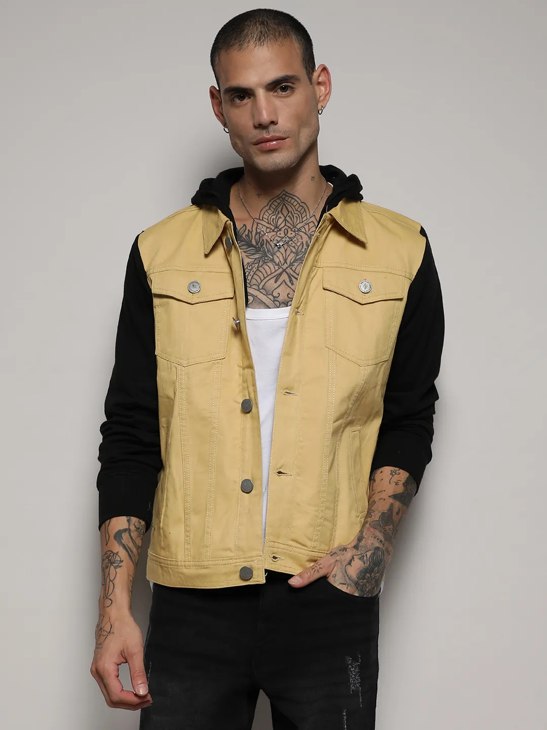 Light-Wash Denim Jacket With Sweatshirt Sleeve - Image 2