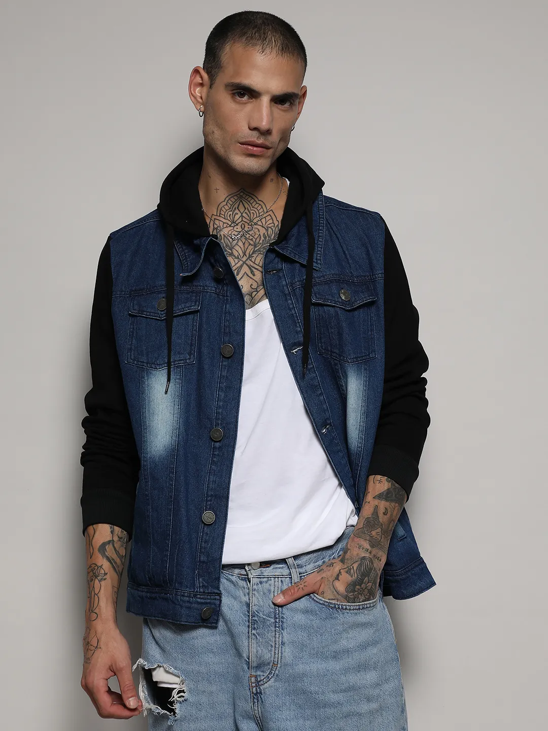 Light-Wash Denim Jacket With Sweatshirt Sleeve - Image 2