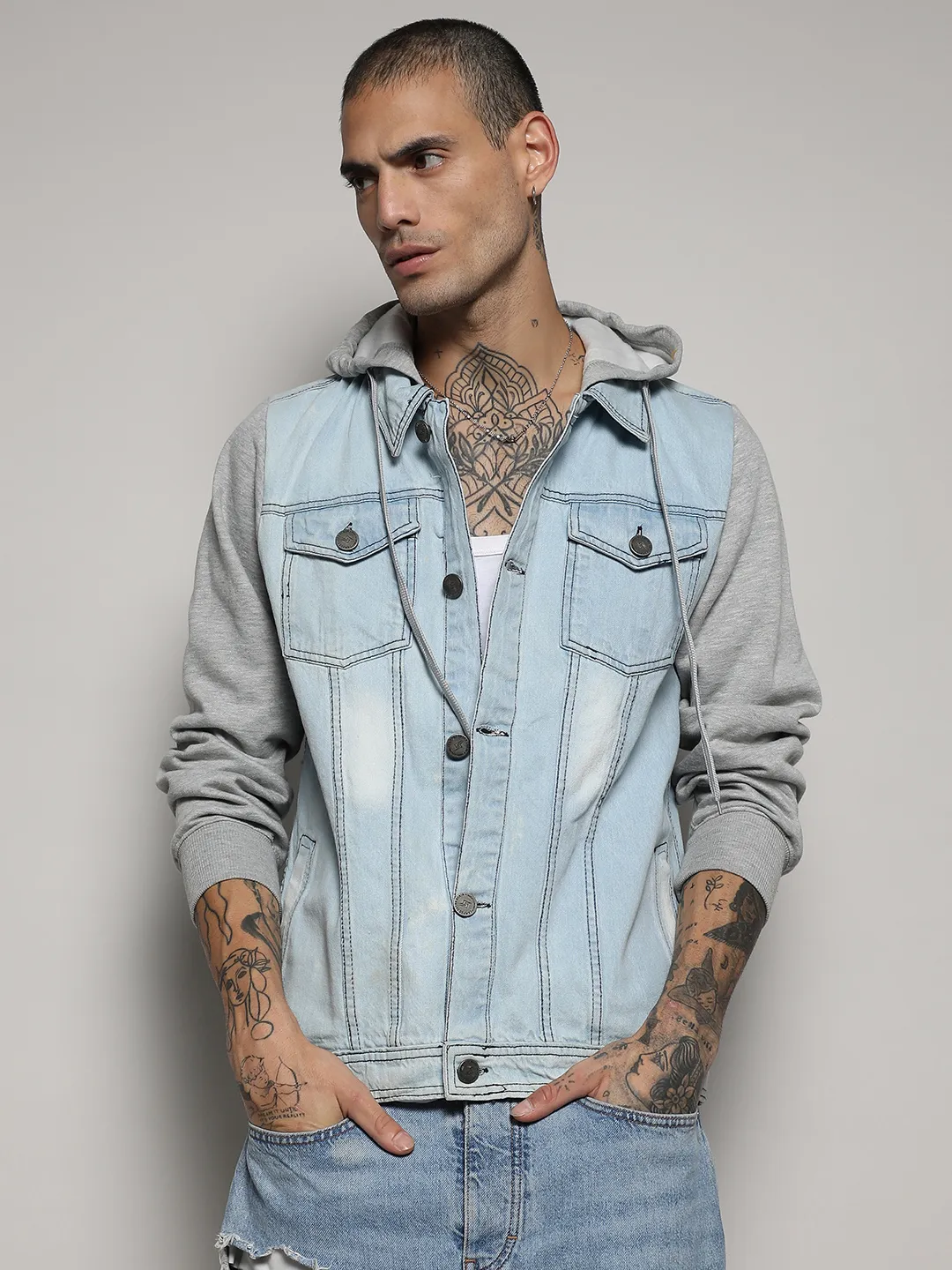 Light-Wash Denim Jacket With Sweatshirt Sleeve - Image 2