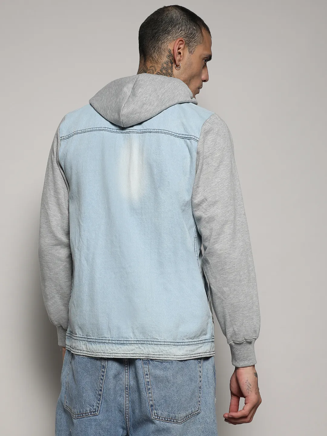 Light-Wash Denim Jacket With Sweatshirt Sleeve - Image 4