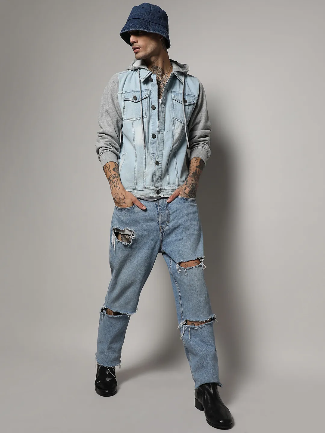Light-Wash Denim Jacket With Sweatshirt Sleeve - Image 6