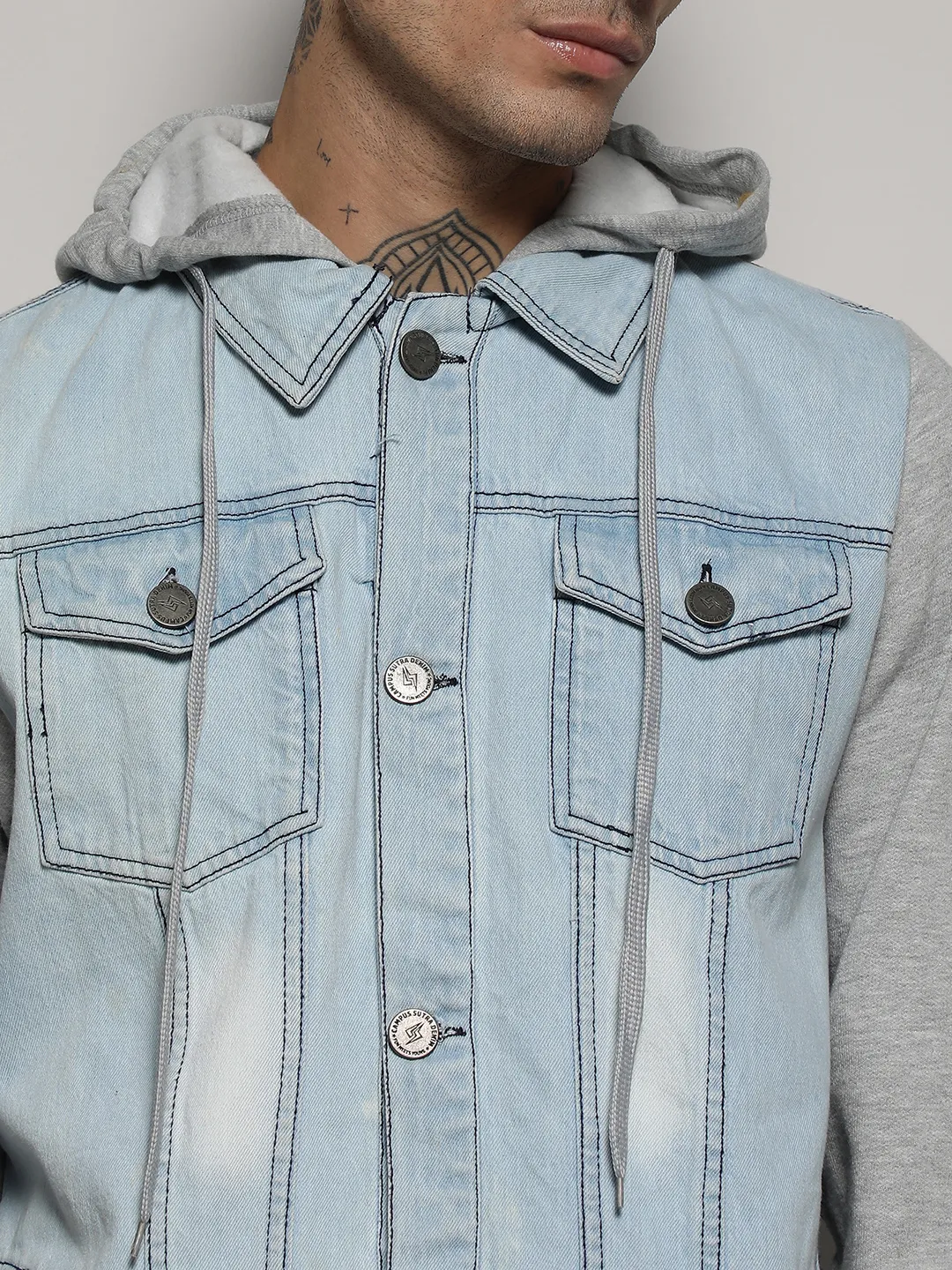 Light-Wash Denim Jacket With Sweatshirt Sleeve - Image 7