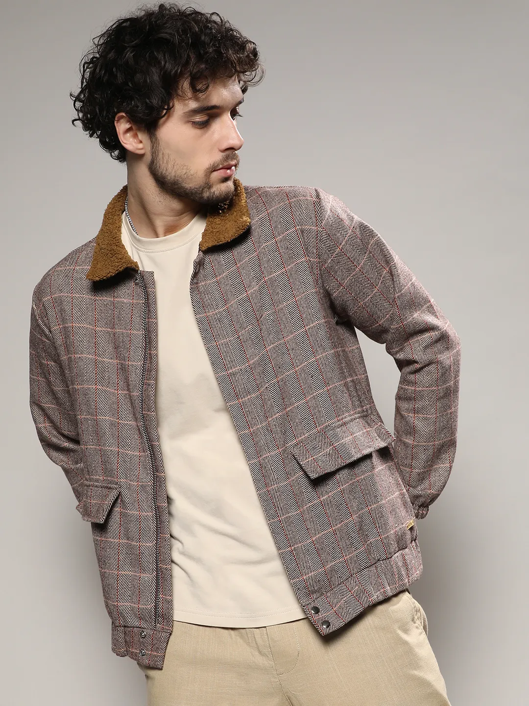 Tartan Plaid Jacket With Fleece Collar - Image 2