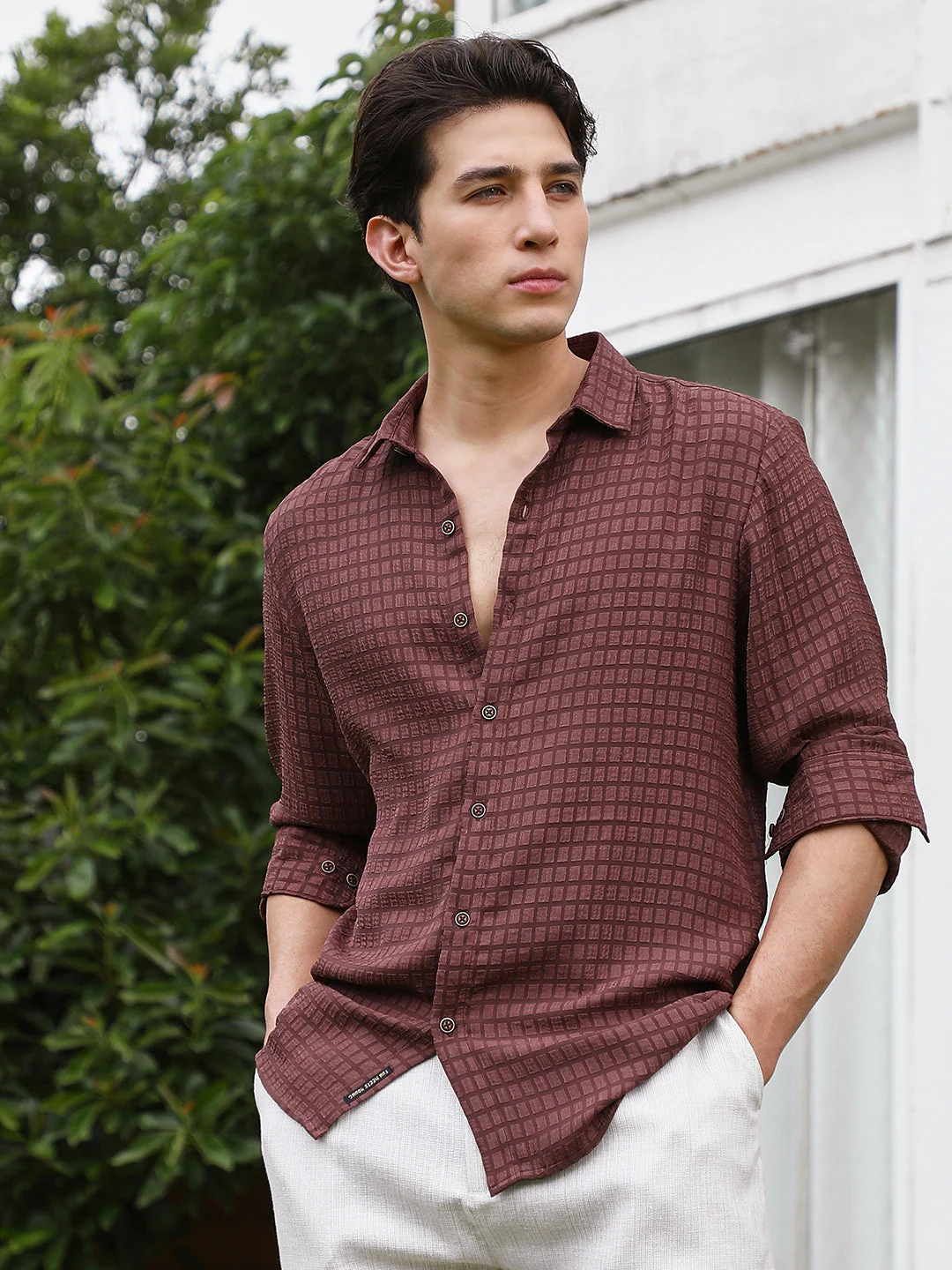 Burgundy Checkered Tailored Fit Full Sleeve Shirt - Image 2