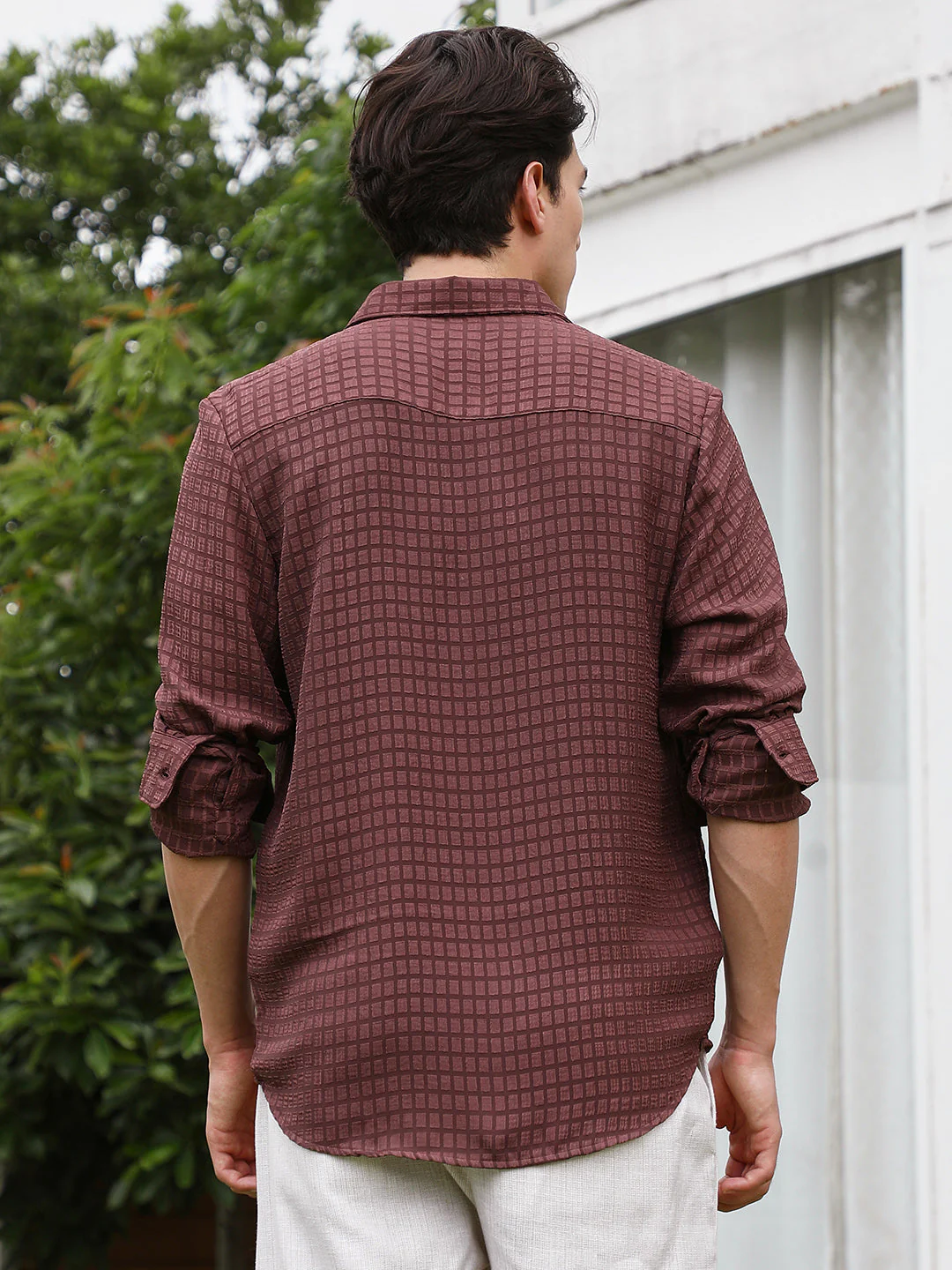 Burgundy Checkered Tailored Fit Full Sleeve Shirt - Image 4