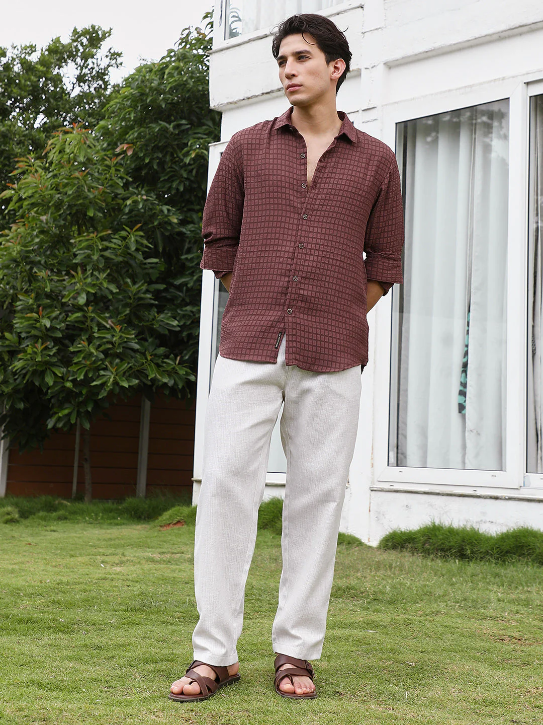 Burgundy Checkered Tailored Fit Full Sleeve Shirt - Image 5