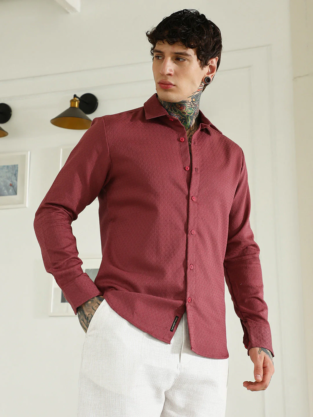 Burgundy Textured Cotton Blend Full Sleeve Shirt For Men - Image 3