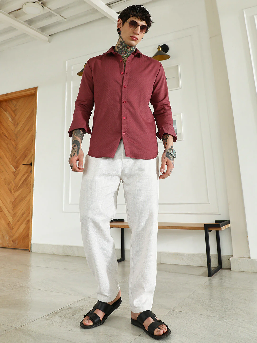 Burgundy Textured Cotton Blend Full Sleeve Shirt For Men - Image 6