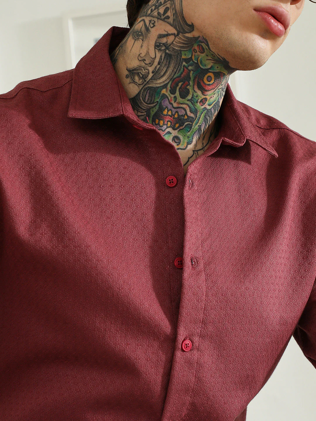 Burgundy Textured Cotton Blend Full Sleeve Shirt For Men - Image 7