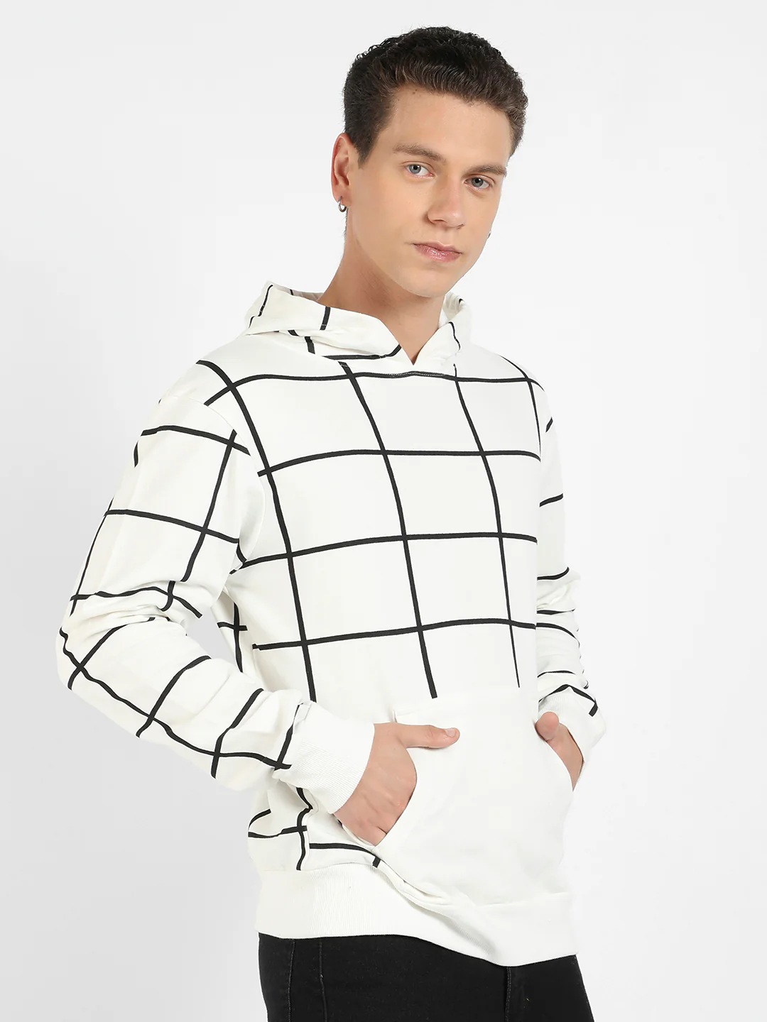 Contrast Graph Check Hoodie With Kangaroo Pocket - Image 3