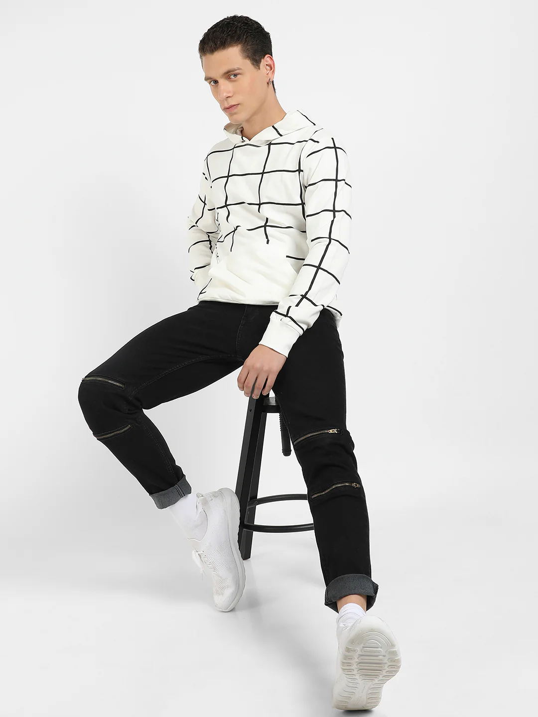 Contrast Graph Check Hoodie With Kangaroo Pocket - Image 6
