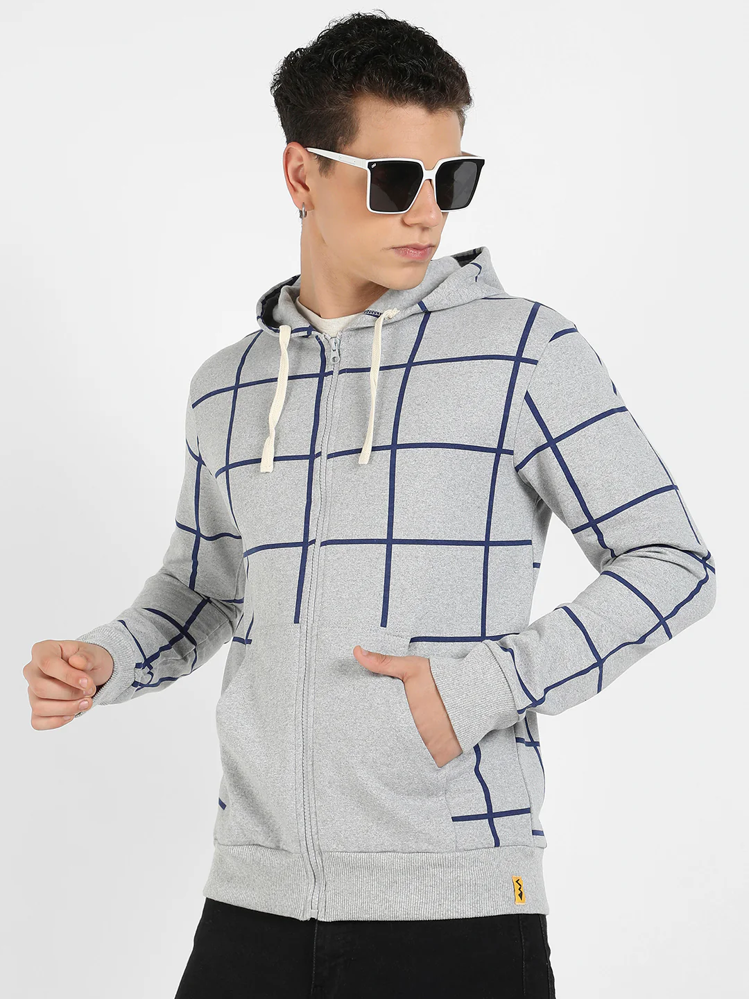 Contrast Graph Check Hoodie With Zip-Closure