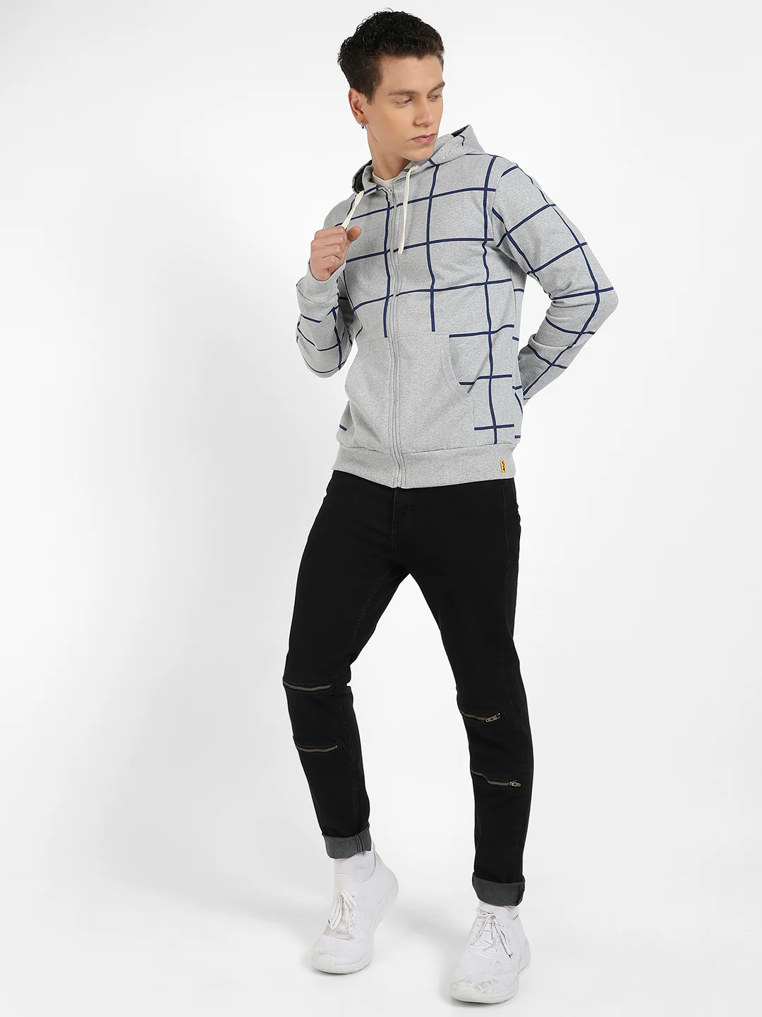 Contrast Graph Check Hoodie With Zip-Closure - Image 5