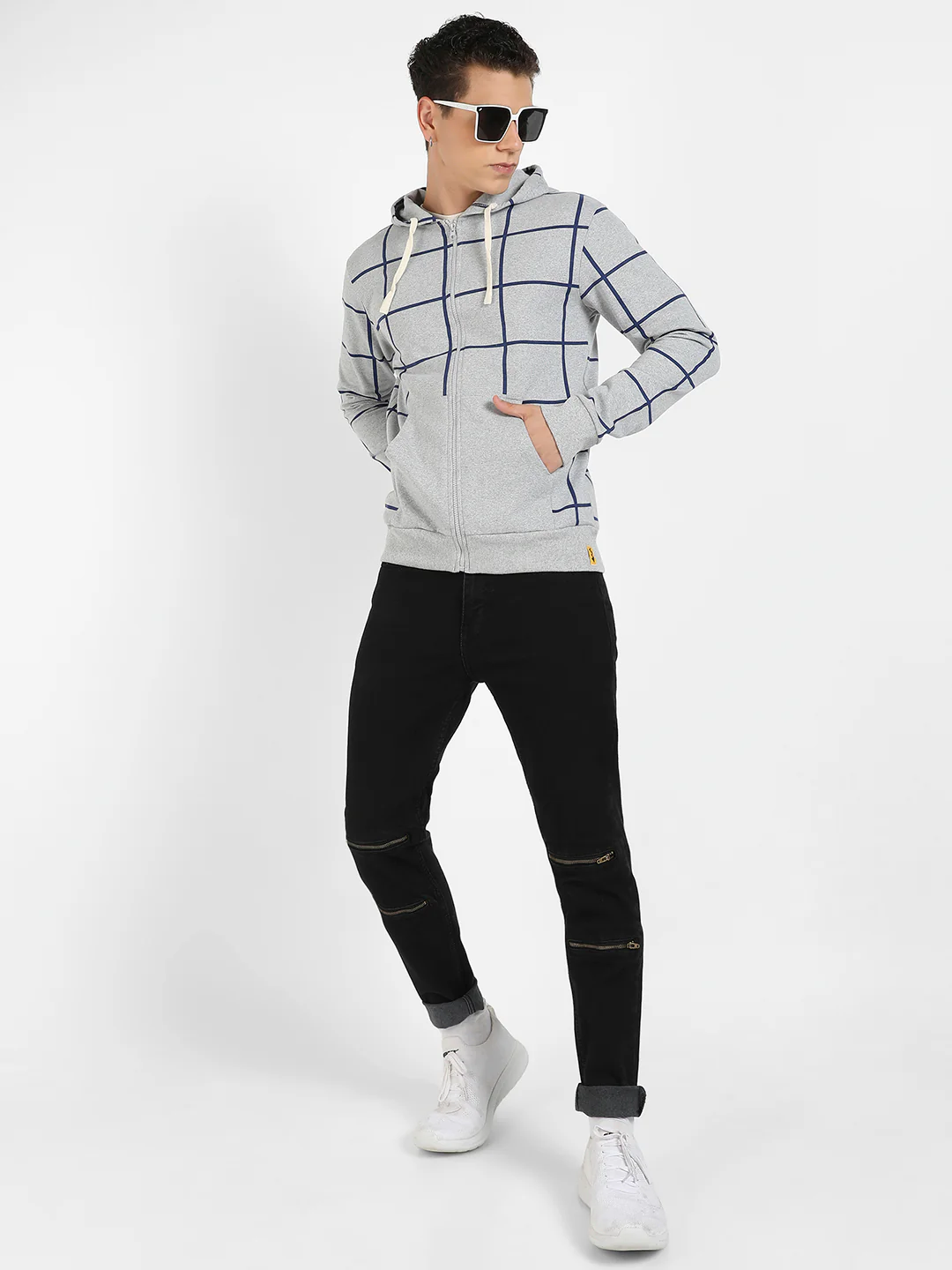 Contrast Graph Check Hoodie With Zip-Closure - Image 6