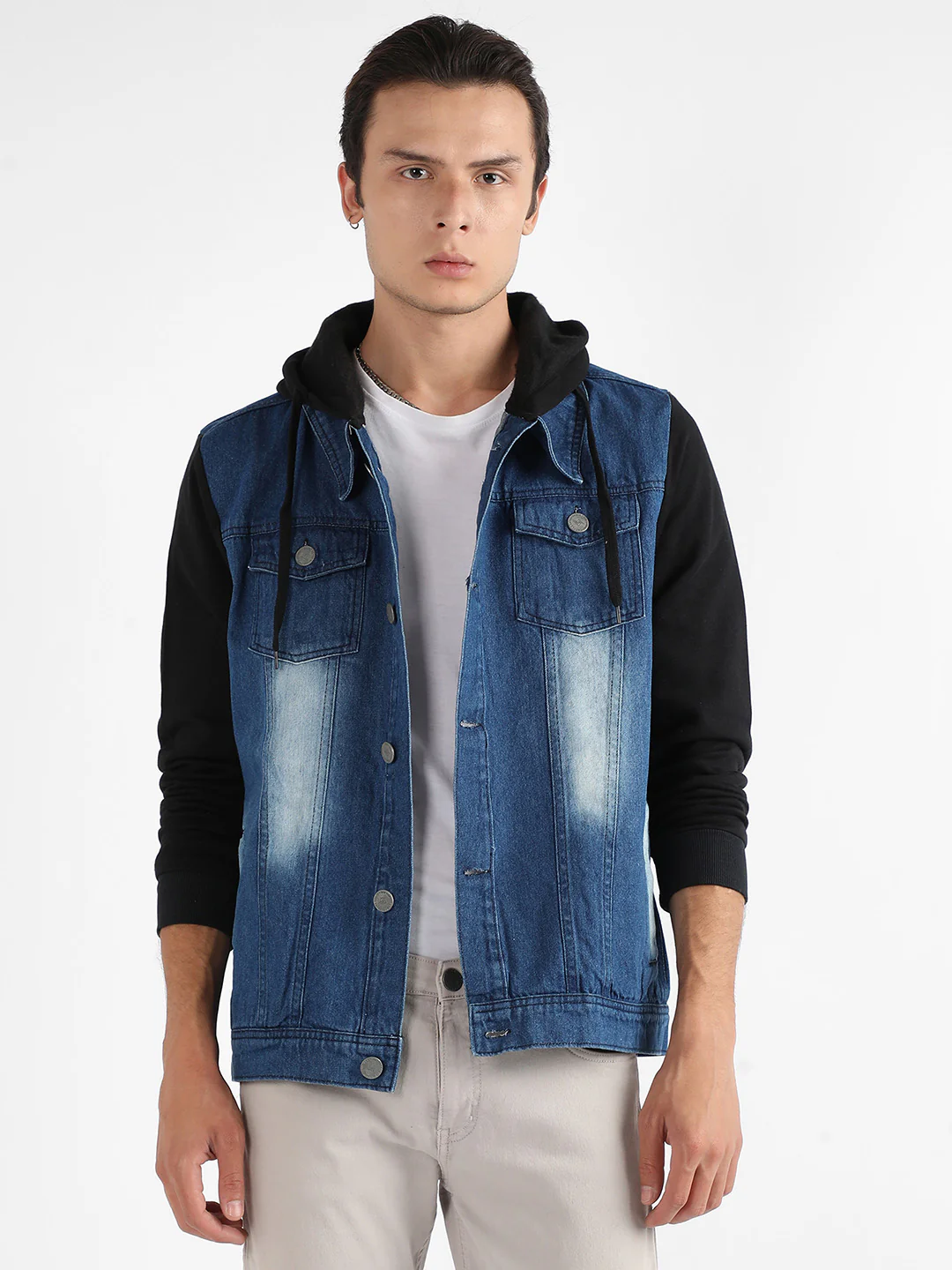 Medium-Wash Denim Jacket With Sweatshirt Sleeve - Image 2