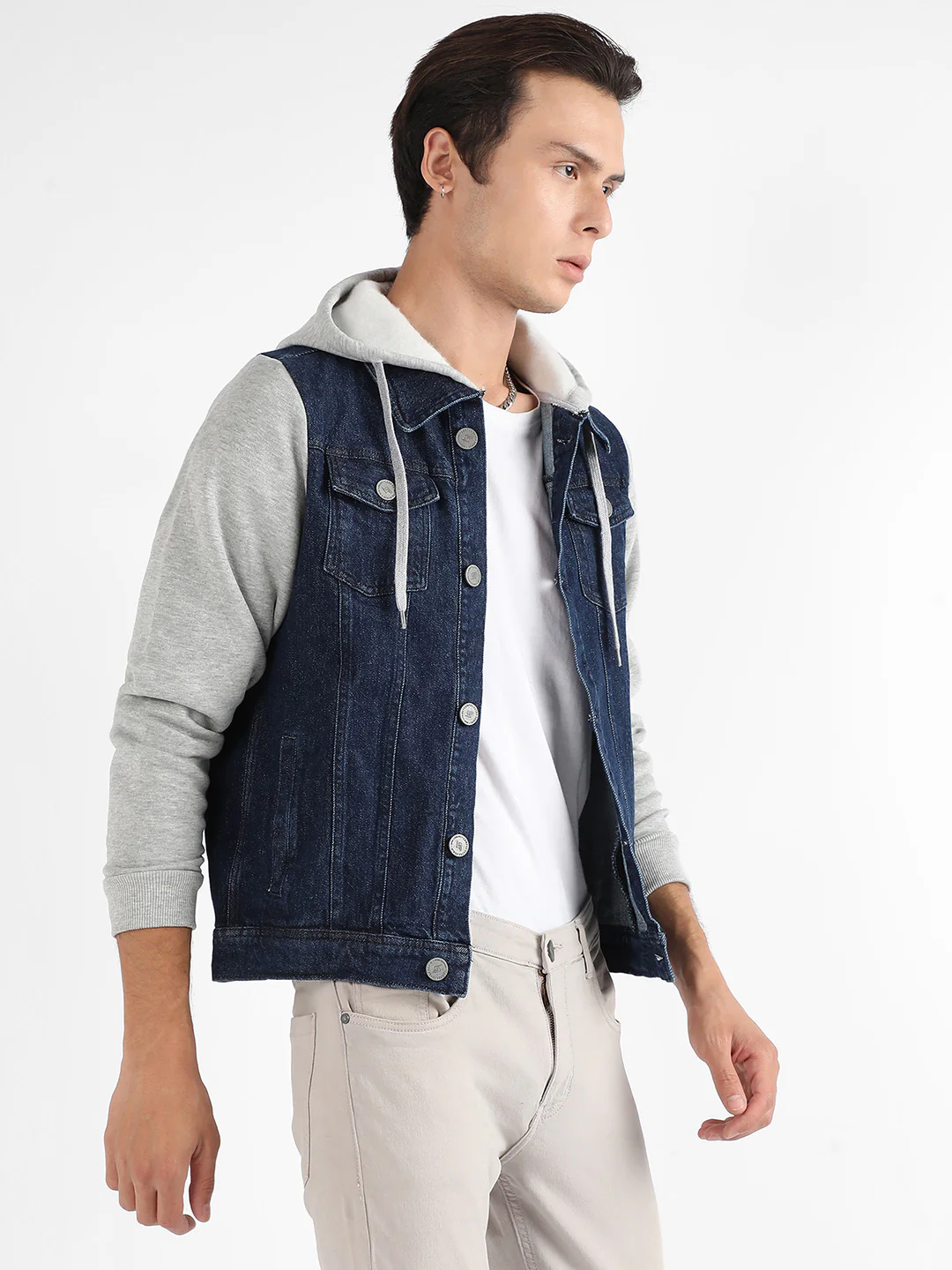 Dark-Wash Denim Jacket With Sweatshirt Sleeve - Image 3