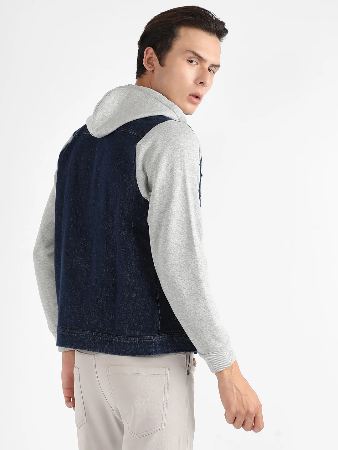 Dark-Wash Denim Jacket With Sweatshirt Sleeve - Image 4