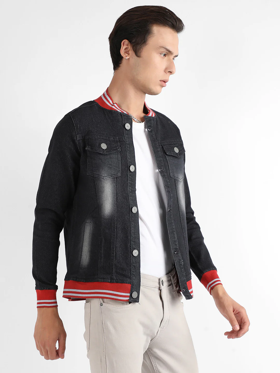 Dark-Wash Denim Jacket With Contrast Hem - Image 3