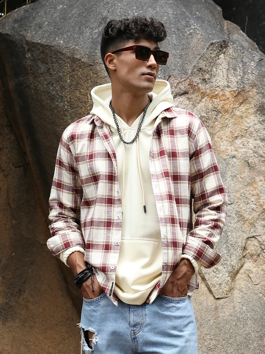Maroon & White Checks Print Shirt - Image 2