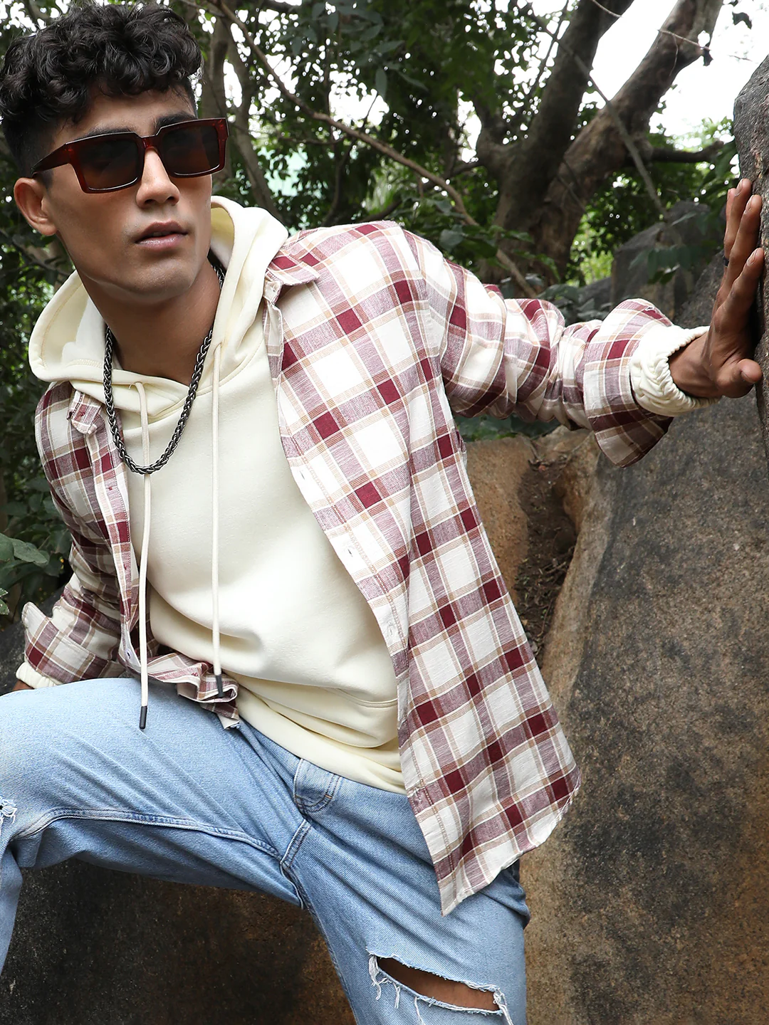 Maroon & White Checks Print Shirt - Image 3