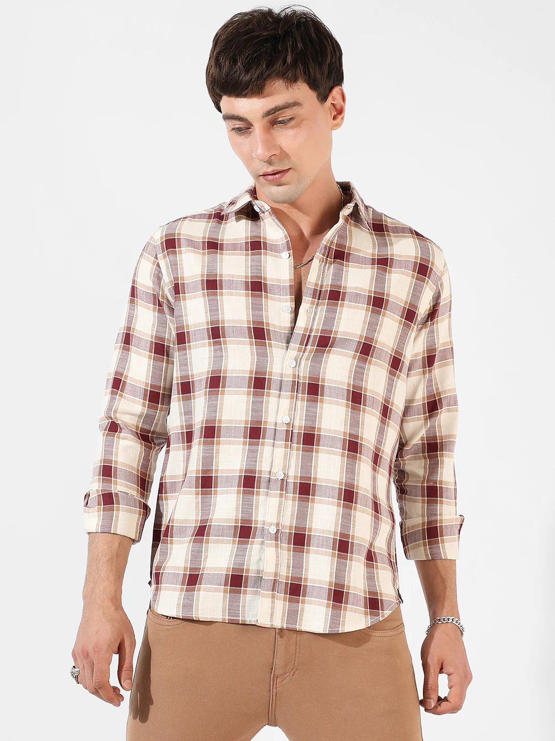 Maroon & White Checks Print Shirt - Image 4