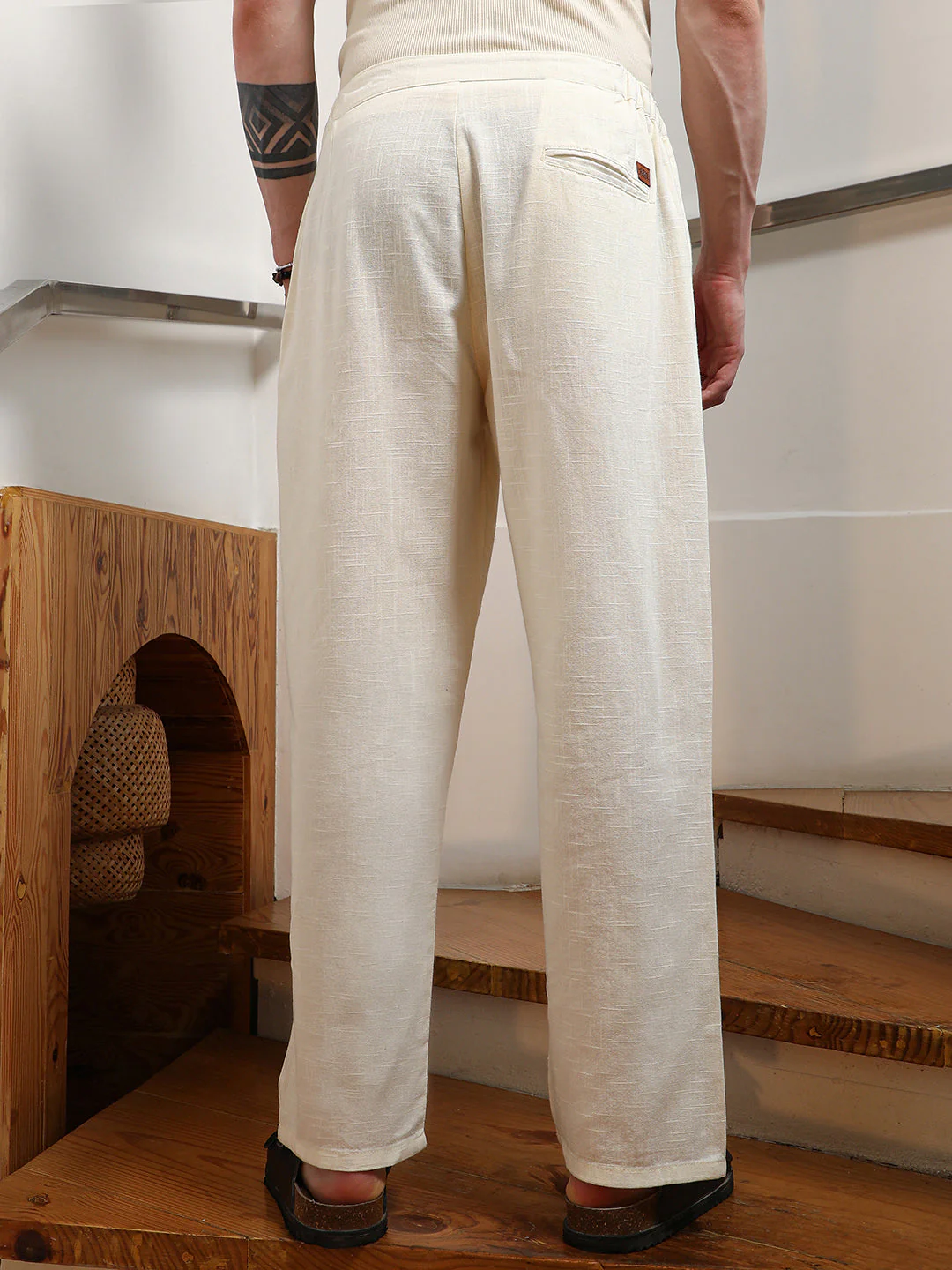 Lightweight - Cream Cotton Relaxed Fit Trousers - Image 4