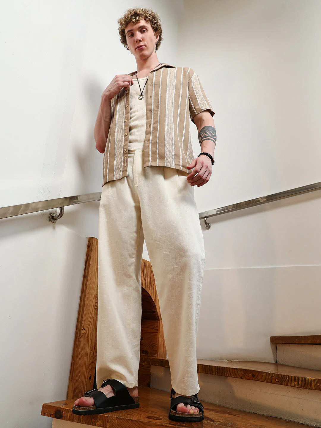 Lightweight - Cream Cotton Relaxed Fit Trousers - Image 6