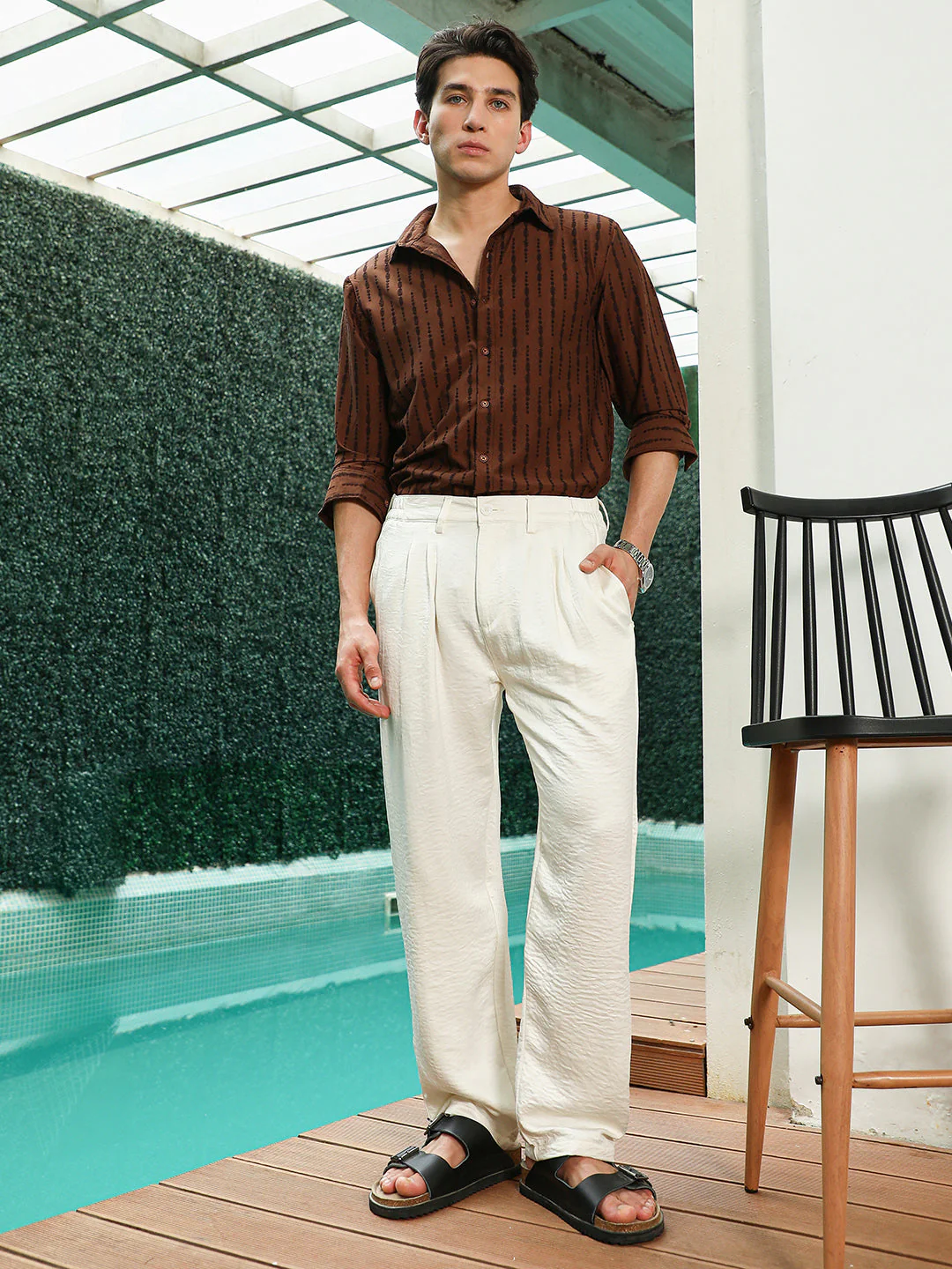 Lightweight - Off White Textured Pleated Trousers - Image 5