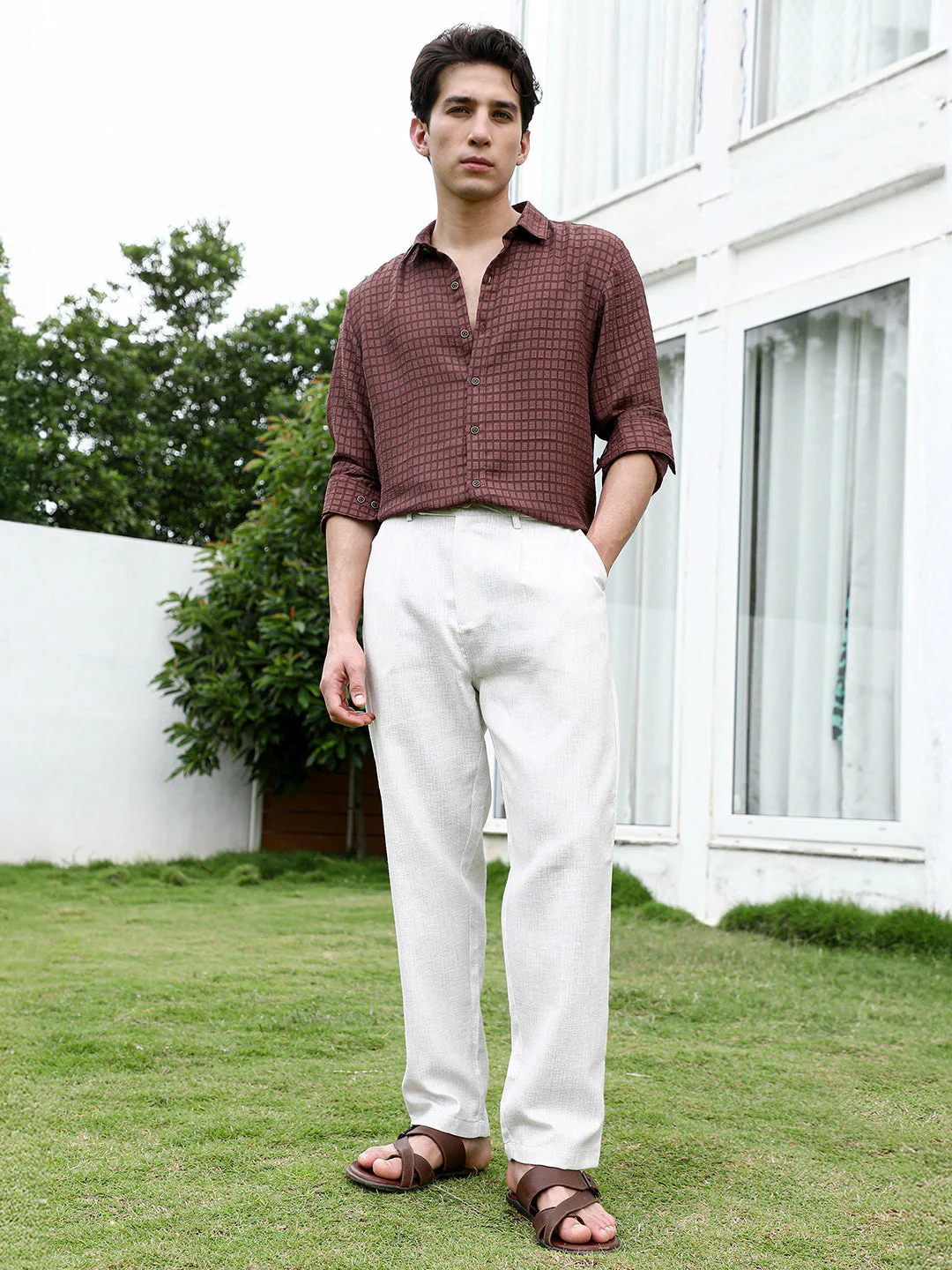 Lightweight - Off White Textured Trousers - Image 5