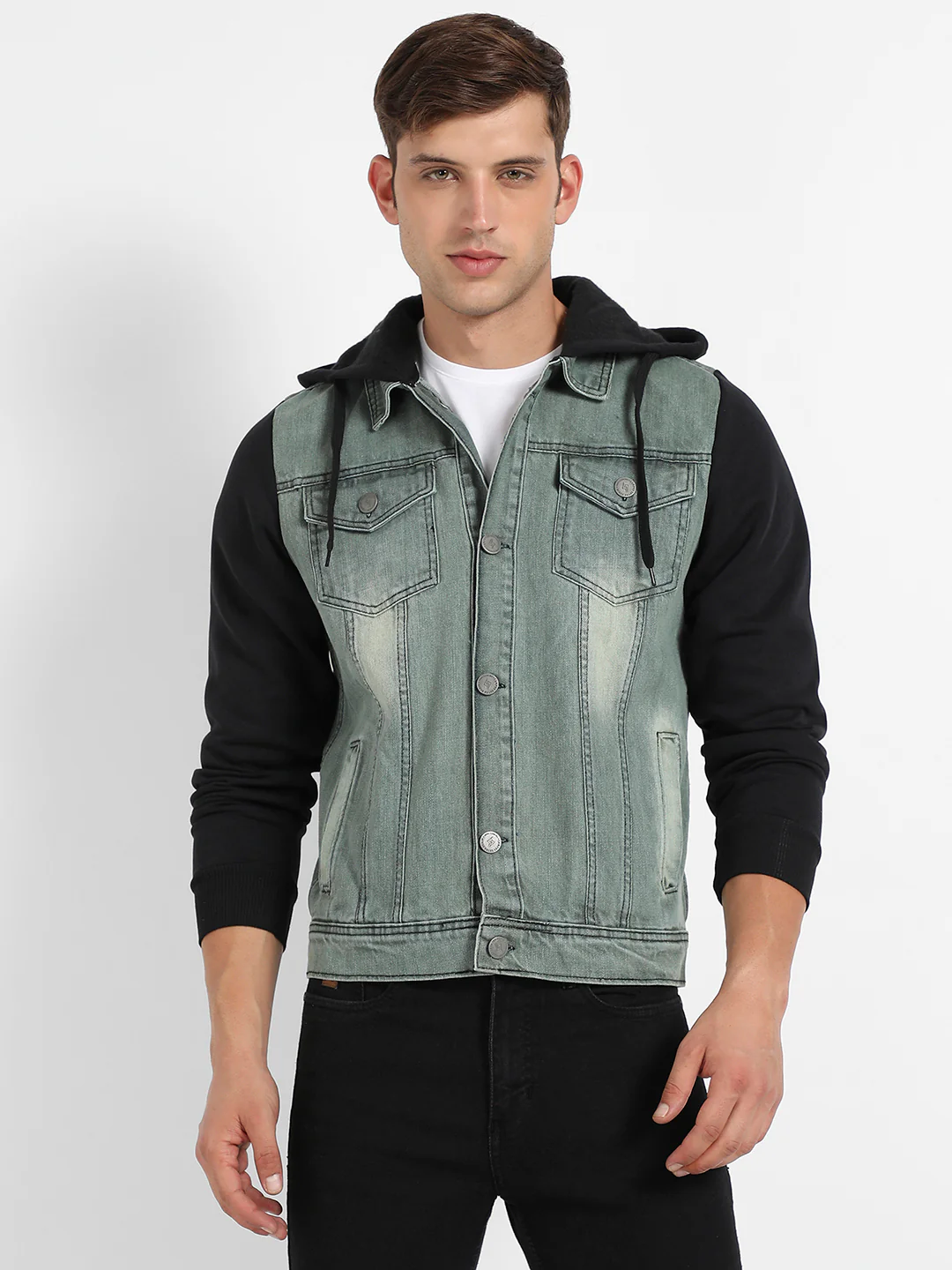 Light-Wash Denim Jacket With Sweatshirt Sleeve - Image 2