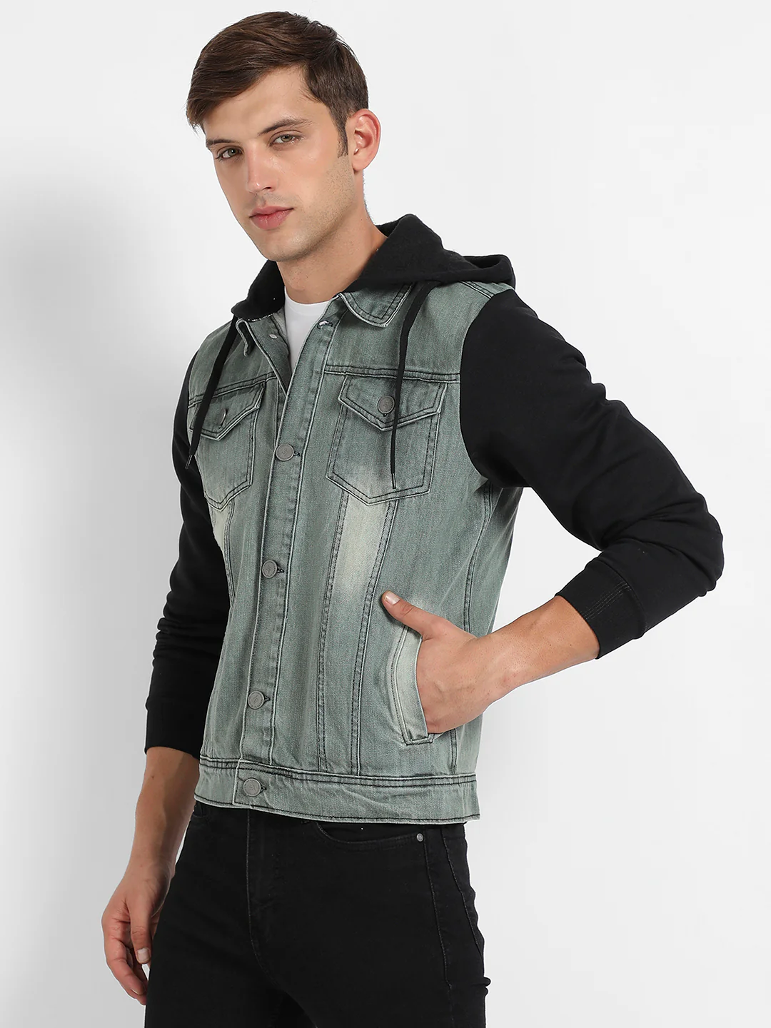 Light-Wash Denim Jacket With Sweatshirt Sleeve - Image 3