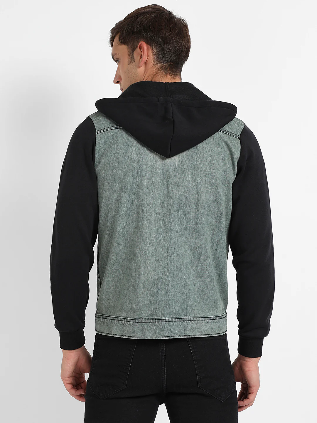 Light-Wash Denim Jacket With Sweatshirt Sleeve - Image 4