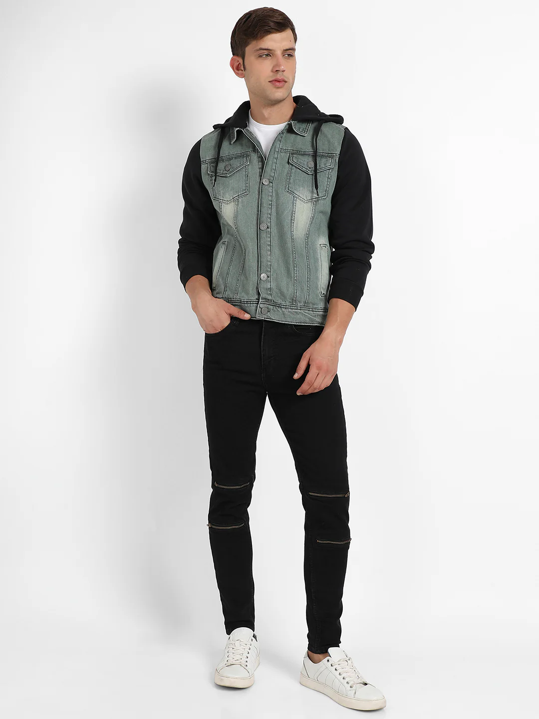 Light-Wash Denim Jacket With Sweatshirt Sleeve - Image 5