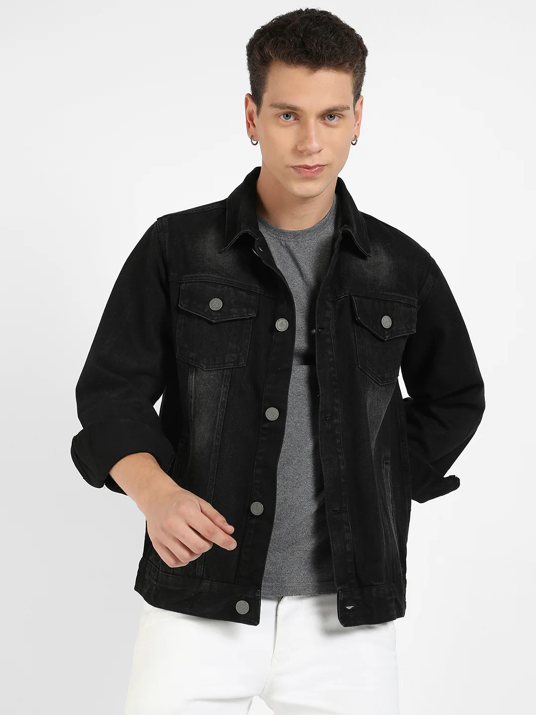 Button-Front Dark-Wash Denim Jacket - Image 2