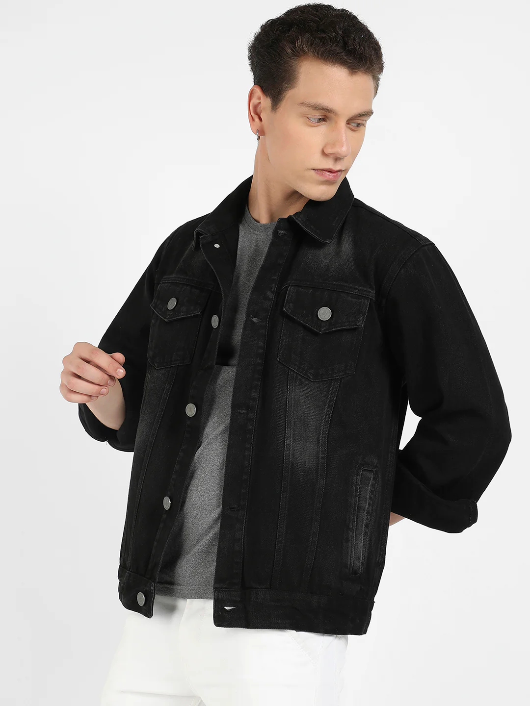 Button-Front Dark-Wash Denim Jacket - Image 3