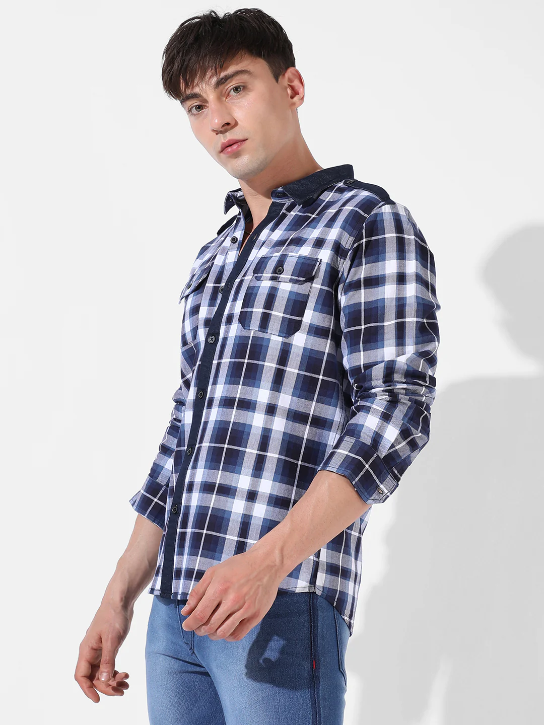 Blue Twill Check Casual Shirt - Image 3