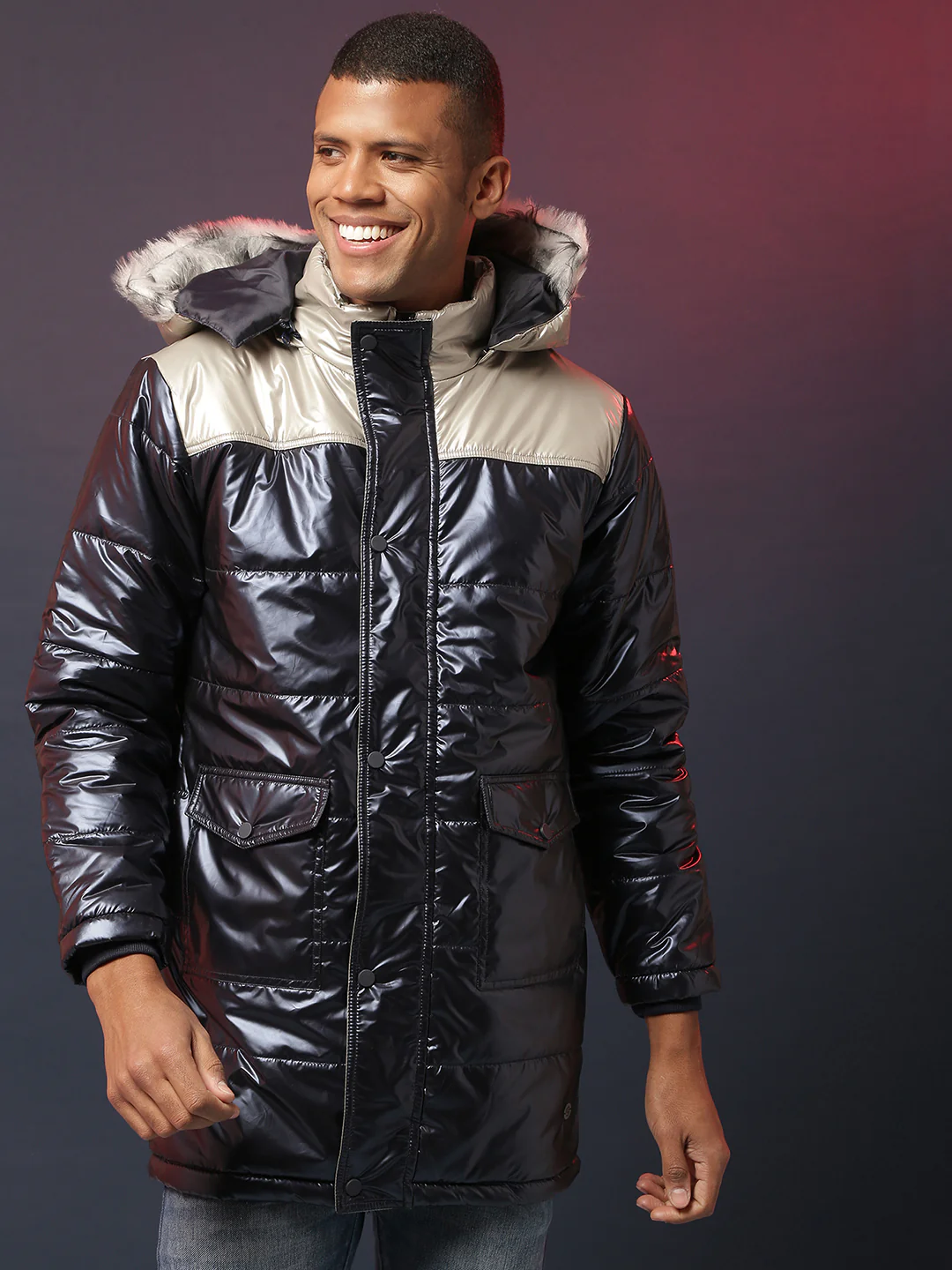 Zip-Front Puffer Jacket With Fur Detail - Image 2