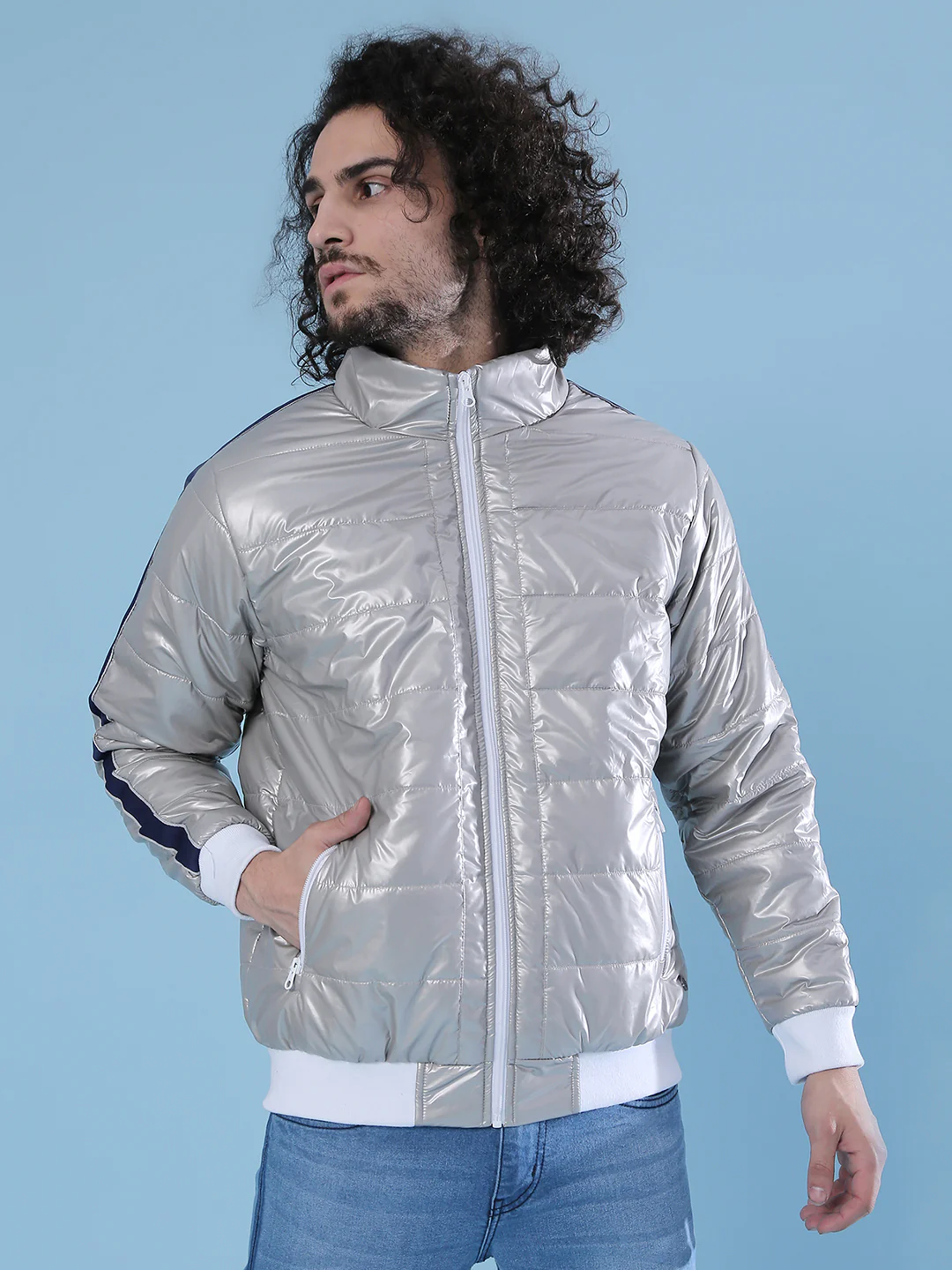 Metallic Puffer Jacket With Contrast Hem - Image 2