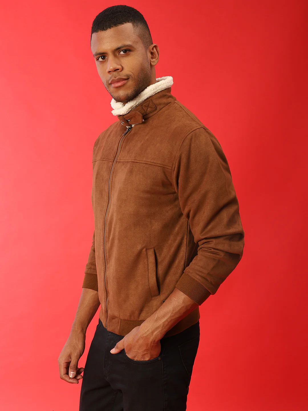 Fur-Lined Suede Bomber Jacket - Image 10