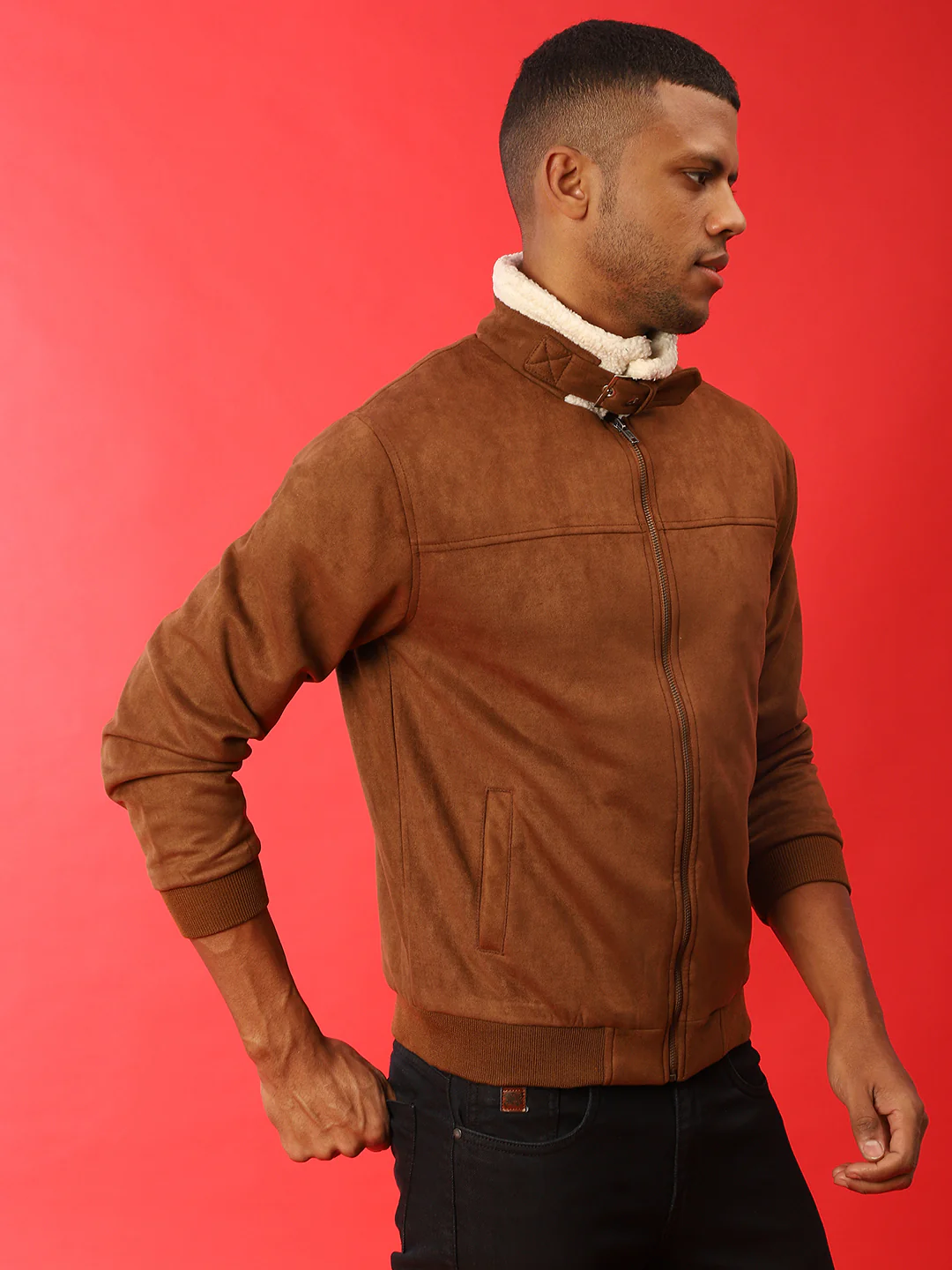 Fur-Lined Suede Bomber Jacket - Image 11