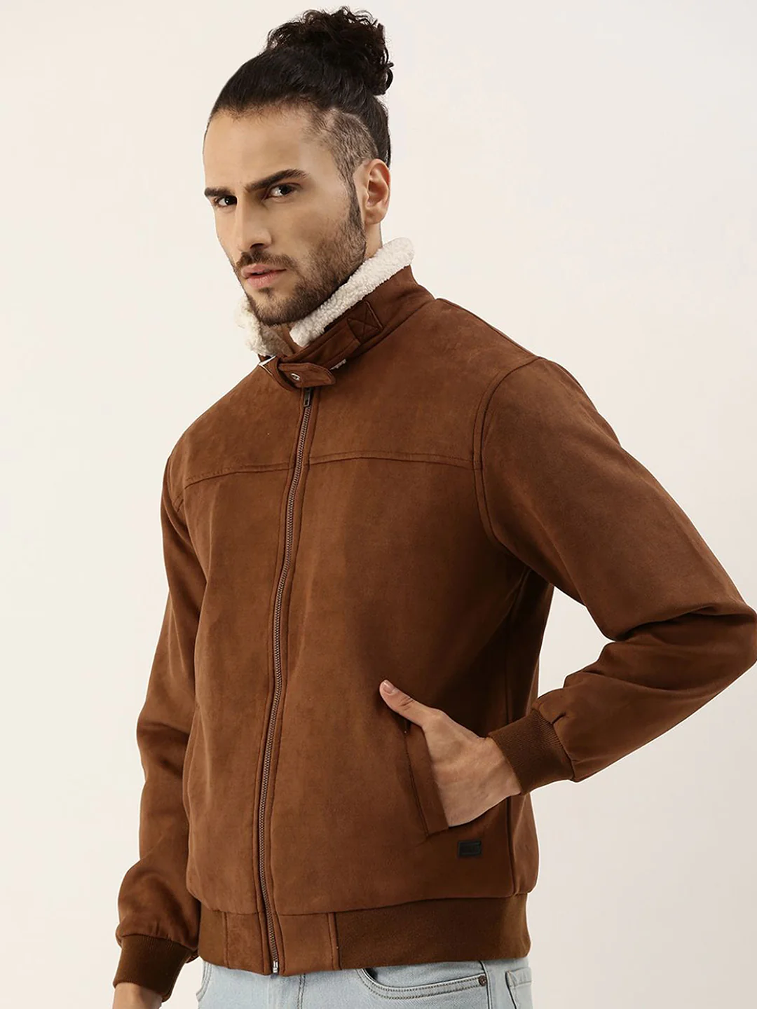 Fur-Lined Suede Bomber Jacket - Image 15