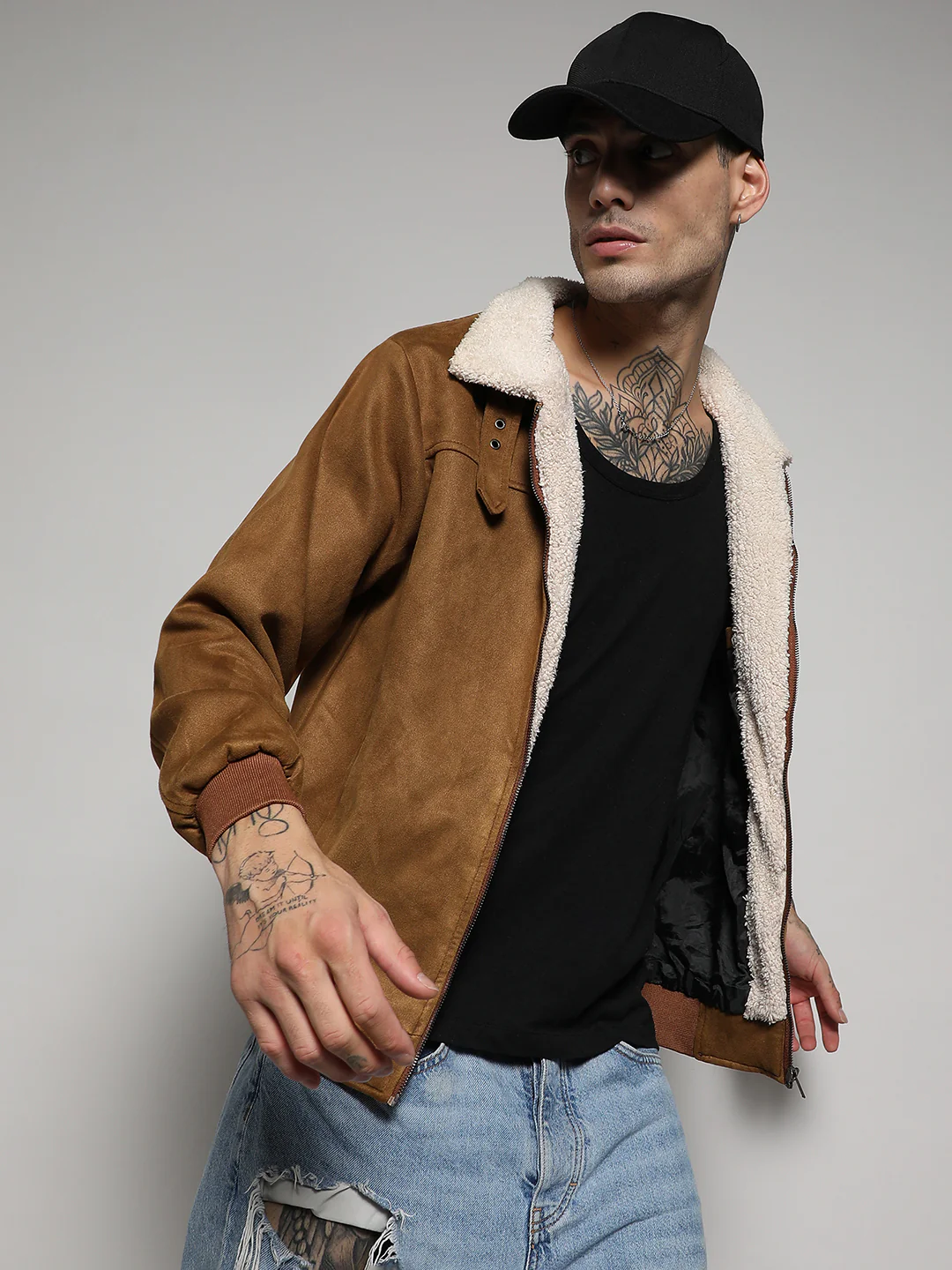 Fur-Lined Suede Bomber Jacket - Image 3
