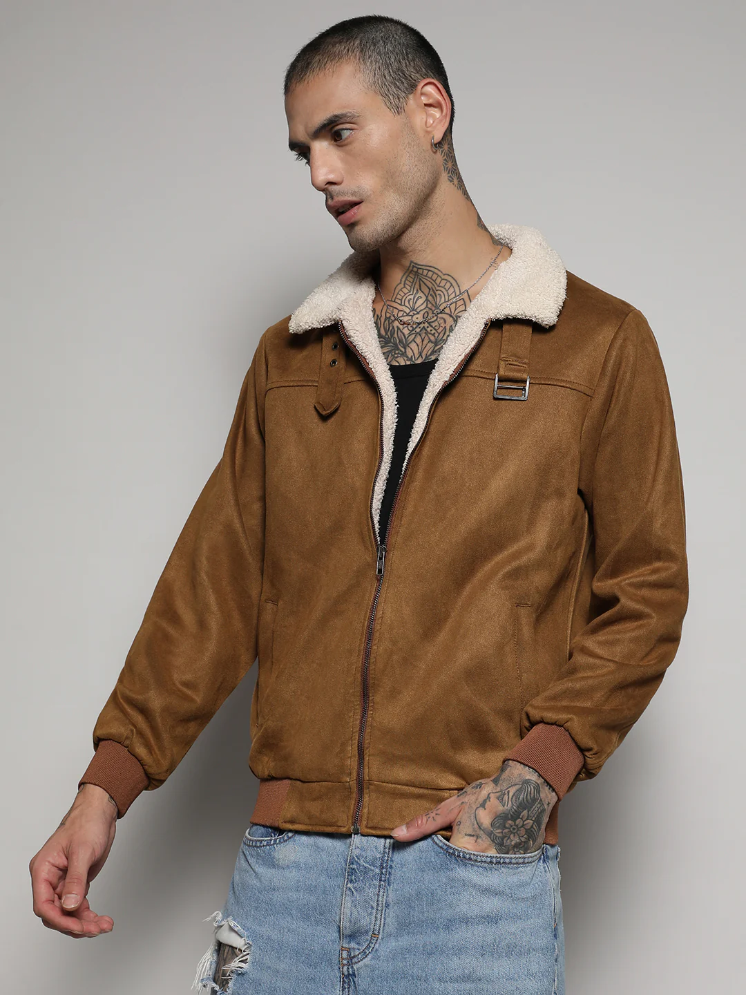 Fur-Lined Suede Bomber Jacket - Image 4