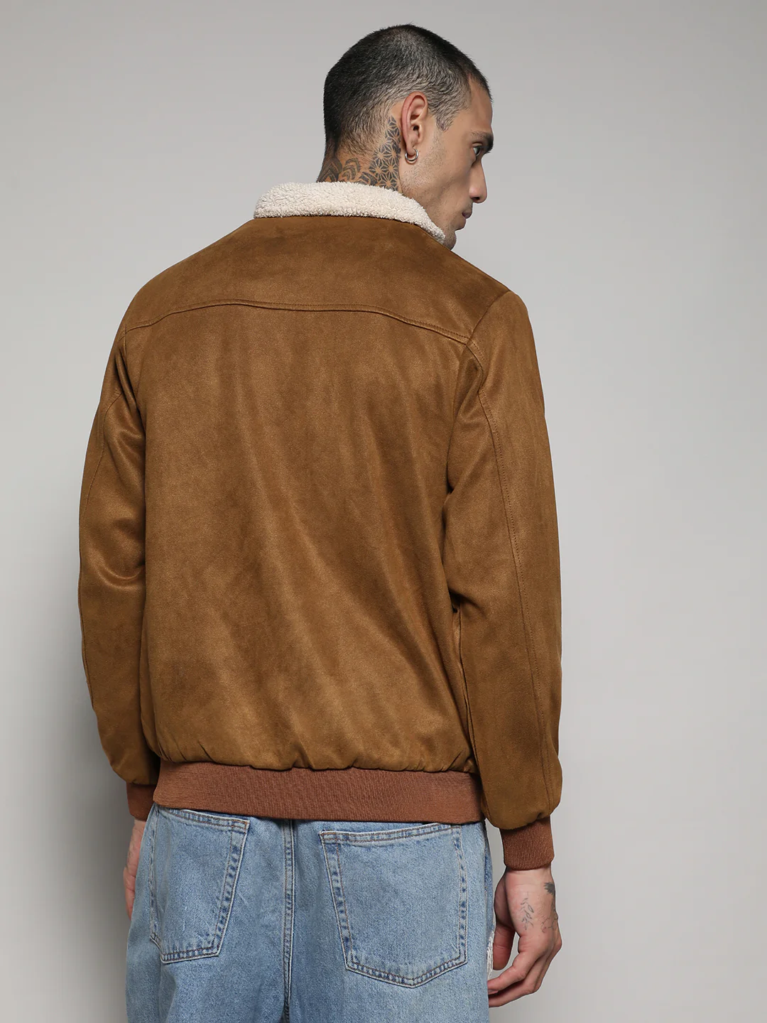 Fur-Lined Suede Bomber Jacket - Image 5