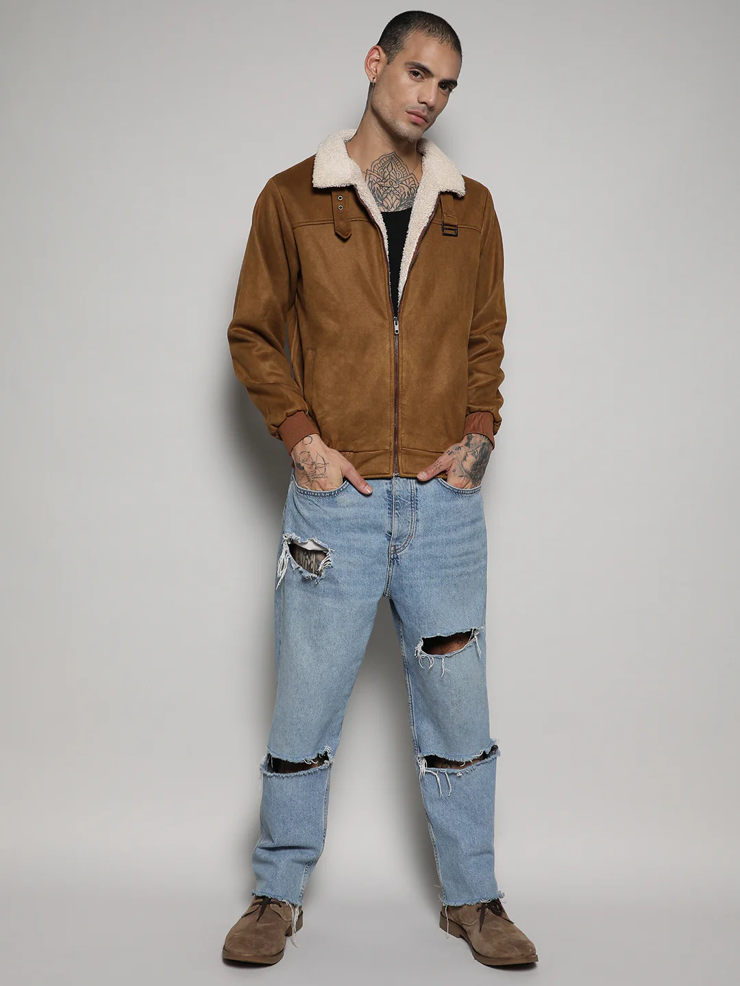 Fur-Lined Suede Bomber Jacket - Image 6