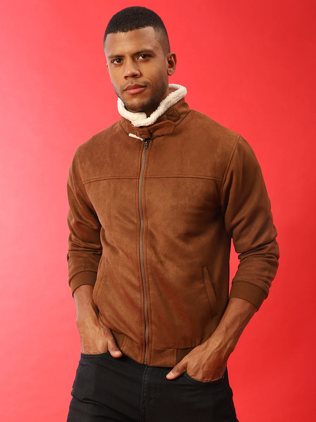 Fur-Lined Suede Bomber Jacket - Image 9