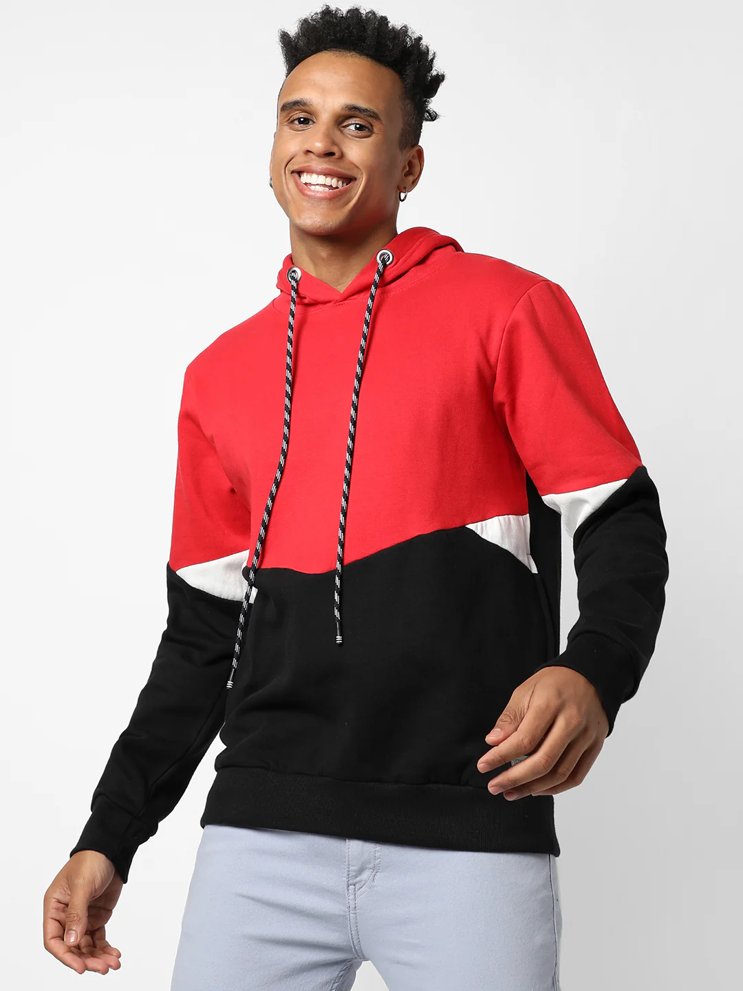 Red & Jet Black Colour-Blocked Sweatshirt With Hoodie Regular Relaxed Fit - Image 2